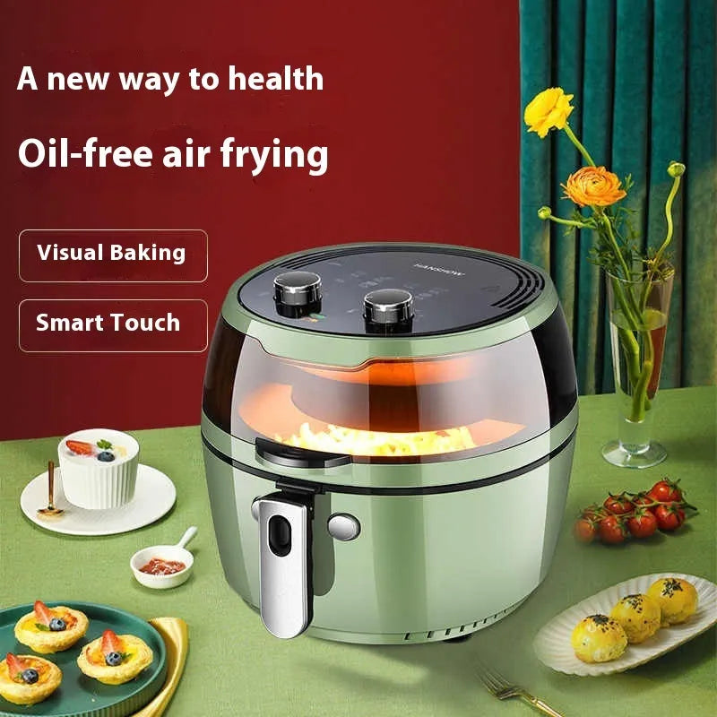 8-litre air fryer oven with visible window and mechanical dial controls on a kitchen counter.