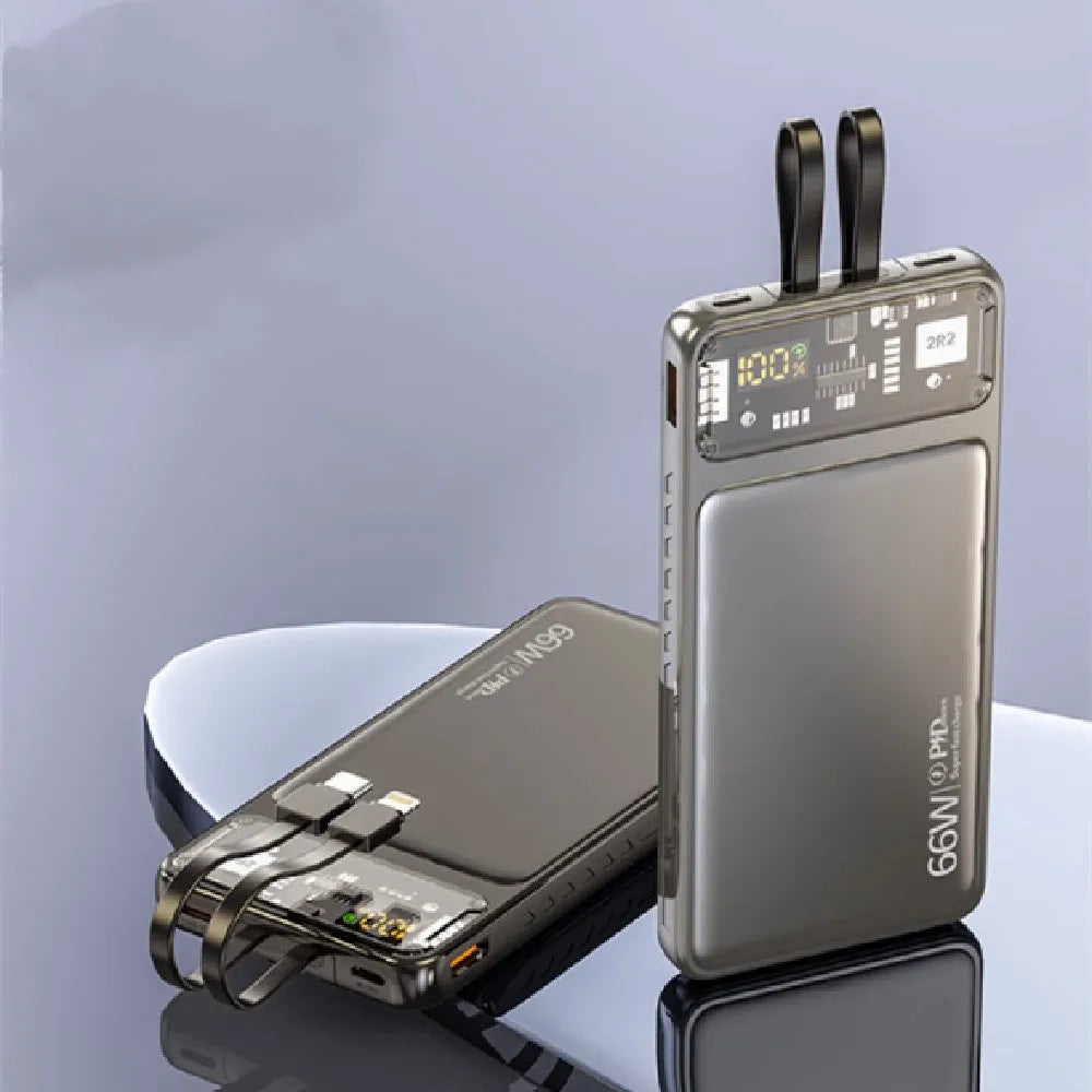 66W super fast charge power bank 20000mAh in black with built-in data cable