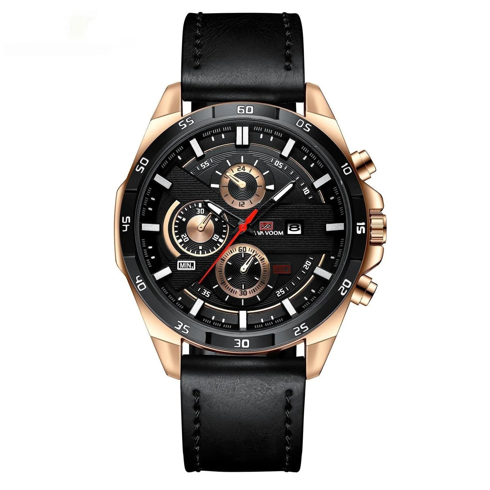 Men's casual quartz watch with calendar display on leather strap, shown in rose gold and black colour option.