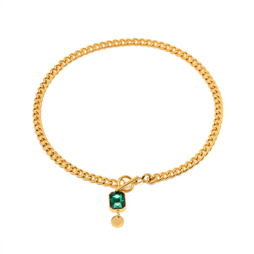 Gold retro geometric pendant necklace with emerald green zircon stone and titanium steel Cuban chain
