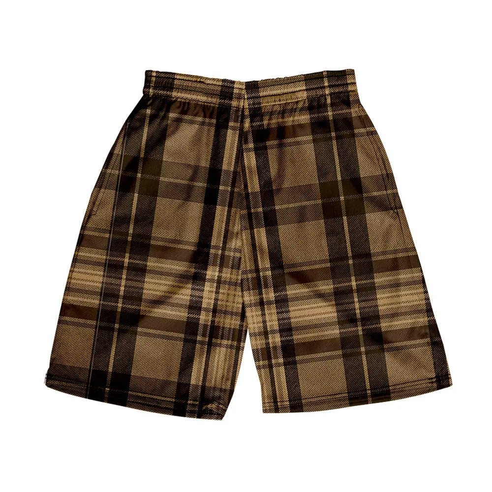 Men's plaid polyester shorts with elastic waistband in straight-leg casual style