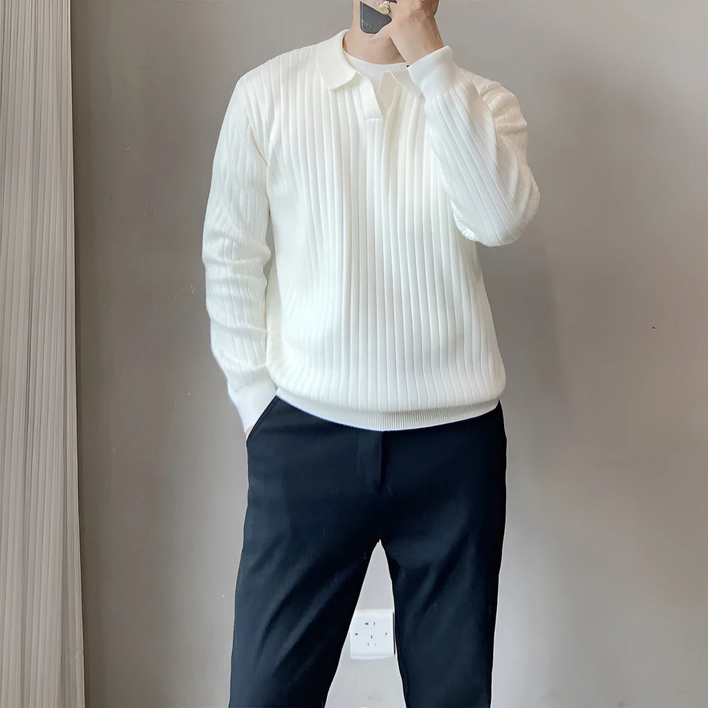 Man wearing a loose striped lapel knitted sweater in light grey, showing rabbit fur and modal blend fabric.