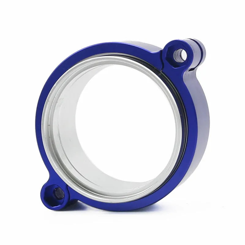 Aluminium fixed movement clamp for car exhaust in black, blue, or red, shown in 2 inch, 2.5 inch, and 3 inch sizes.