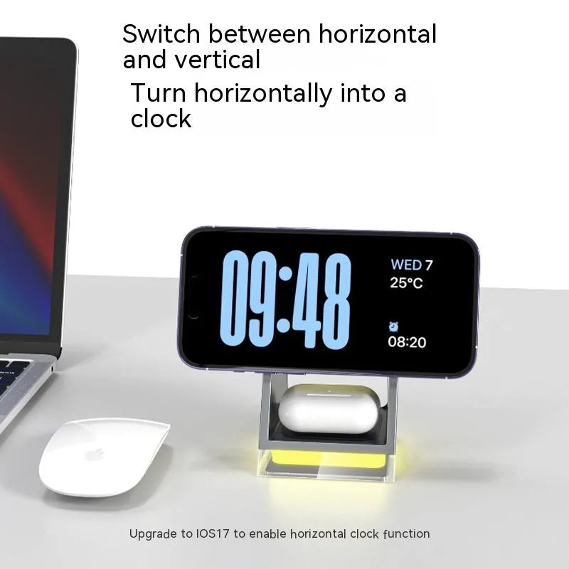 Black three-in-one magnetic wireless charger with small night lamp and Type-C cable for phone watch headset