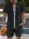 Men's casual henley collar short sleeve shirt and shorts set in polyester, available in multiple colours