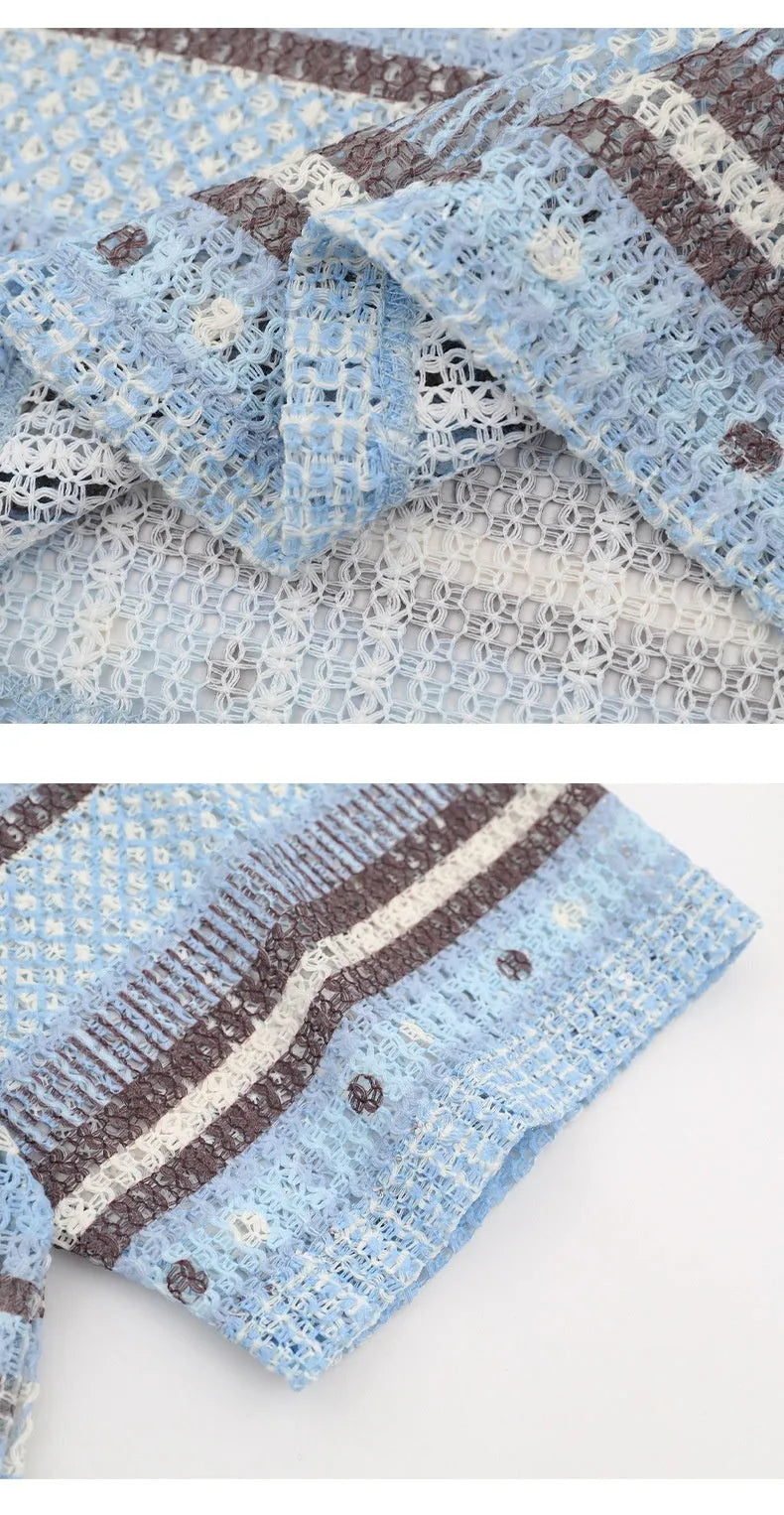 Men's blue printed short sleeve shirt with elastic fabric on a hanger