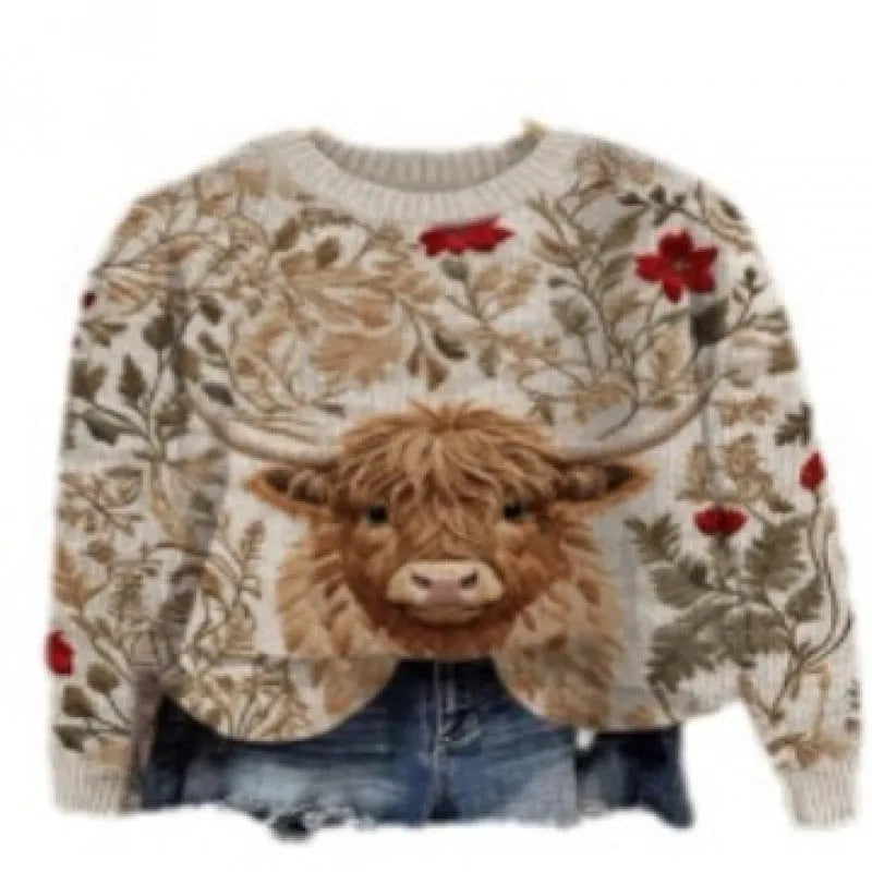Little Flower digital printed round neck sweater in a floral pattern, made from polyester fabric.