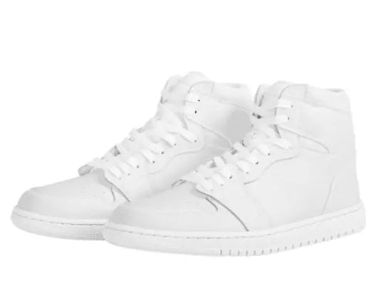 White high-top lace-up basketball shoes with artificial PU upper and rubber sole on display