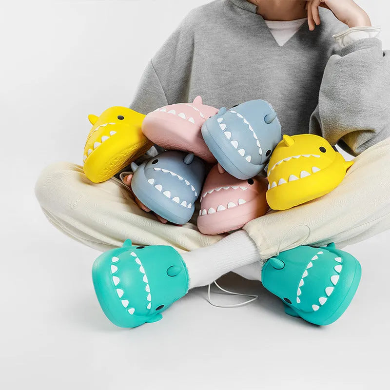 Cartoon shark EVA slippers in grey couple colour, closed-toe baotou style with thickened plush lining and non-slip sole