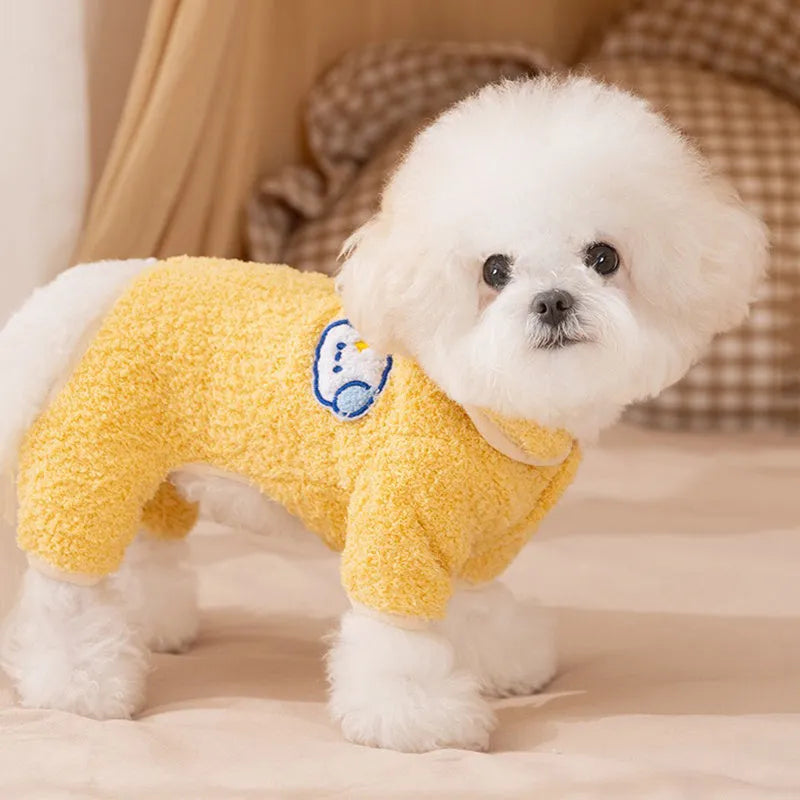 Thick plush yellow dog pajamas one-piece cartoon suit for small dogs winter pet clothes
