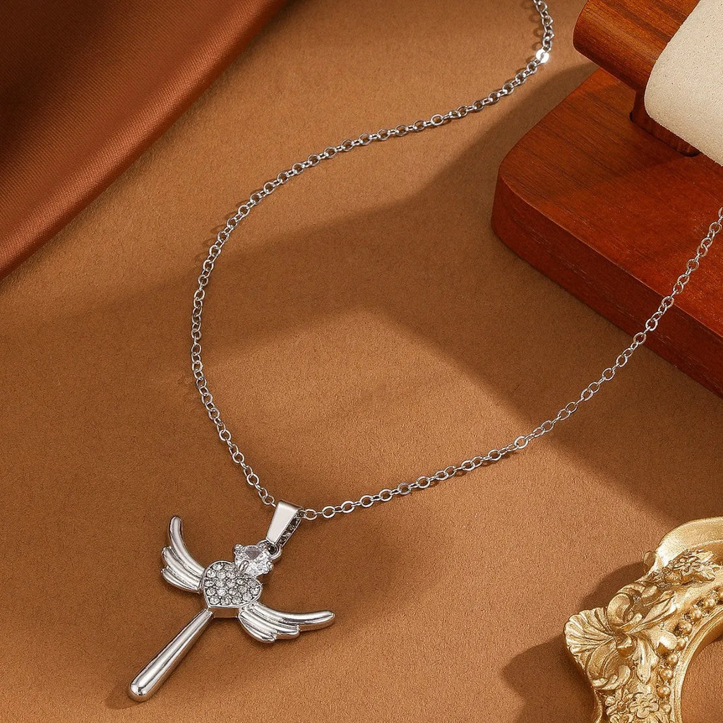 Silver heart-shaped angel wings pendant clavicle chain necklace for women, titanium steel and alloy, cross design, affordable luxury style