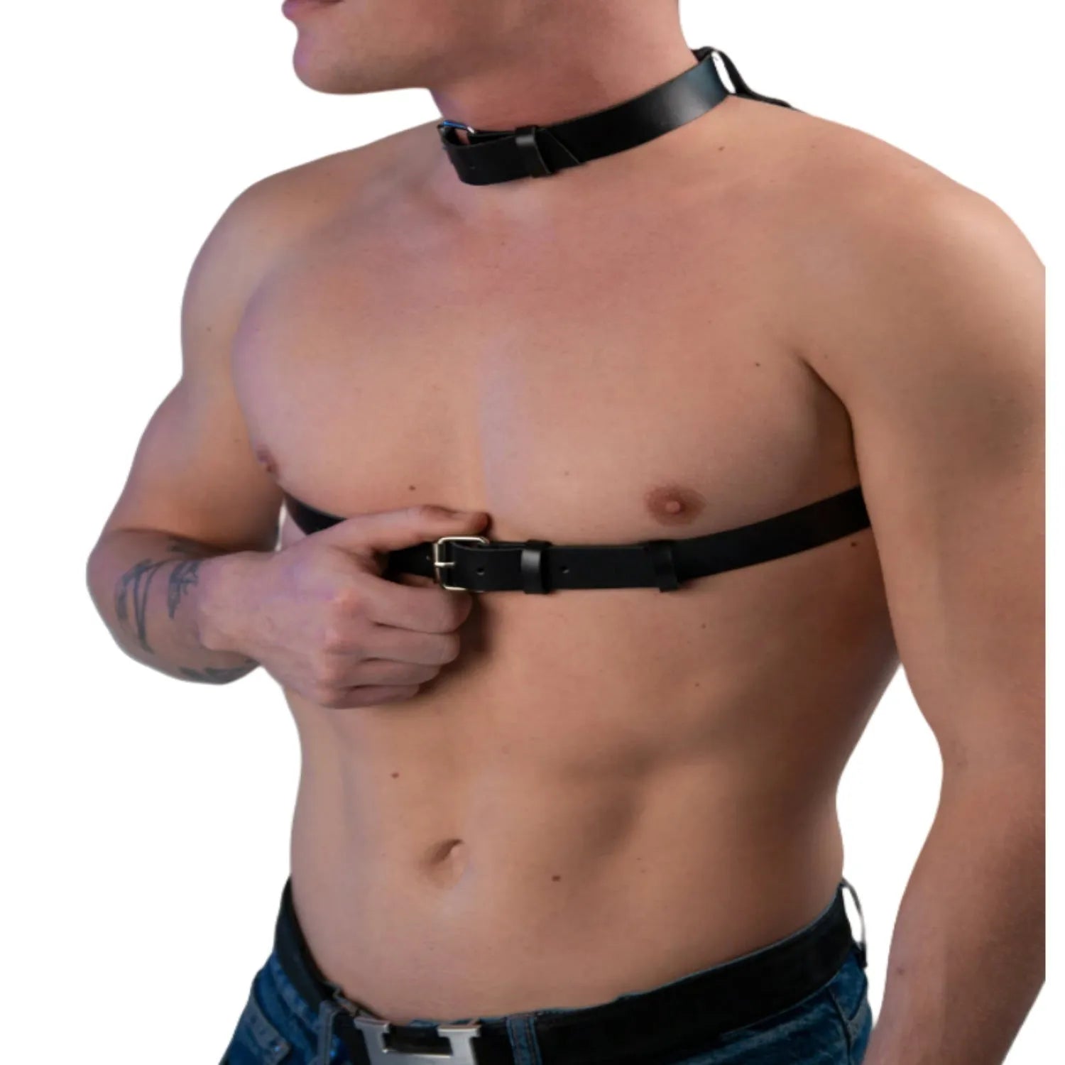 Black PU leather punk chest strap with integrated collar and corset closing belt, handmade with punched detailing