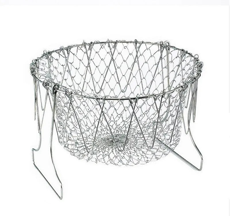 Stainless steel foldable deep fry basket with a grid design and a handle.