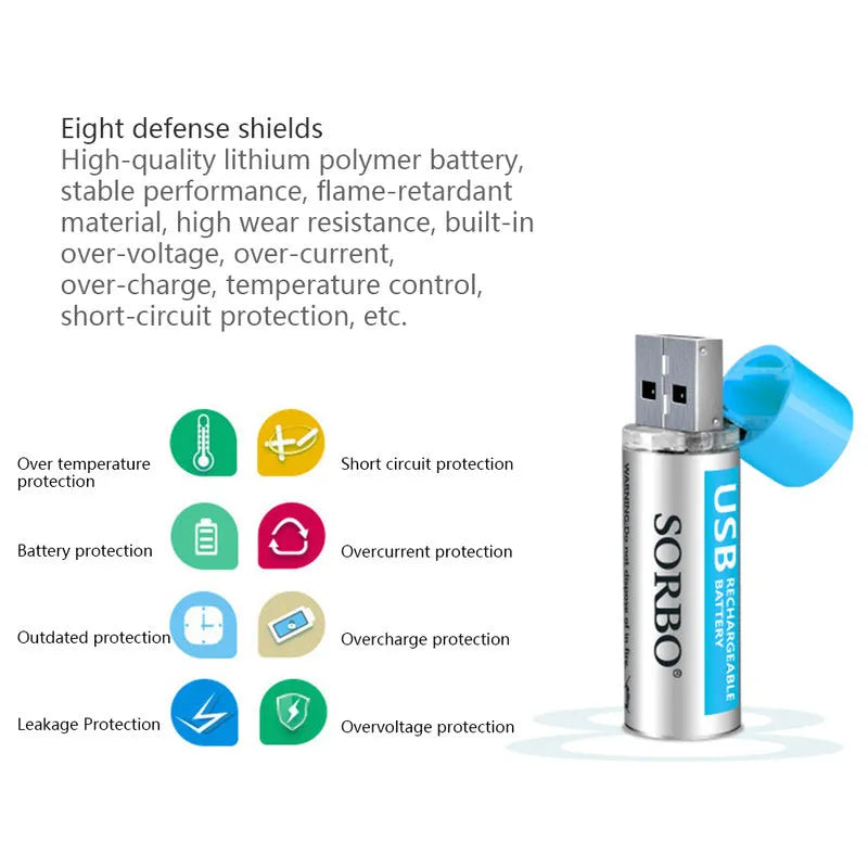 Lithium polymer AAA rechargeable battery set with USB charging port, 1200mAh capacity, flame retardant casing
