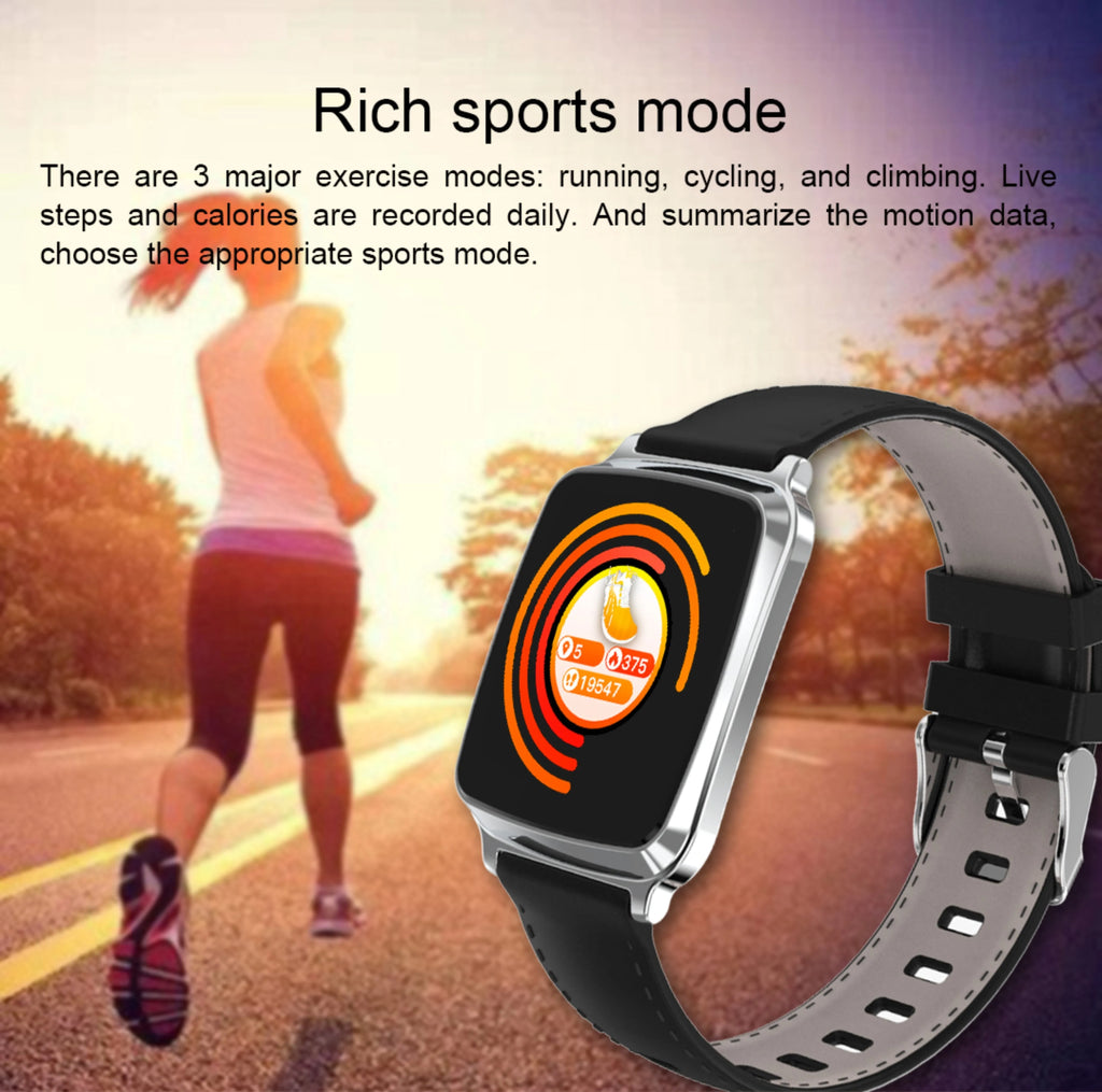 M8 smart fitness bracelet in black with zinc alloy body and TPU strap on a wrist, displaying heart rate data.