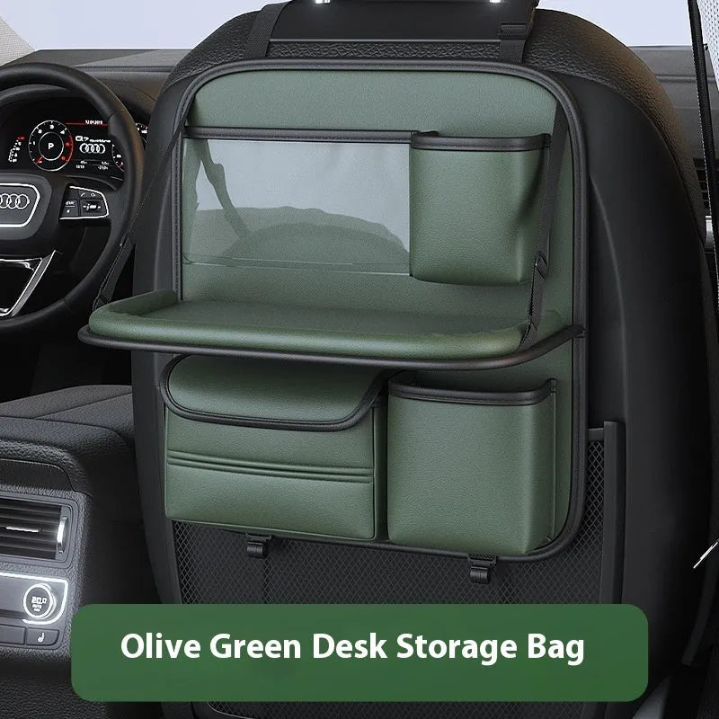 Car seat back storage bag with foldable dining table in waterproof leather construction