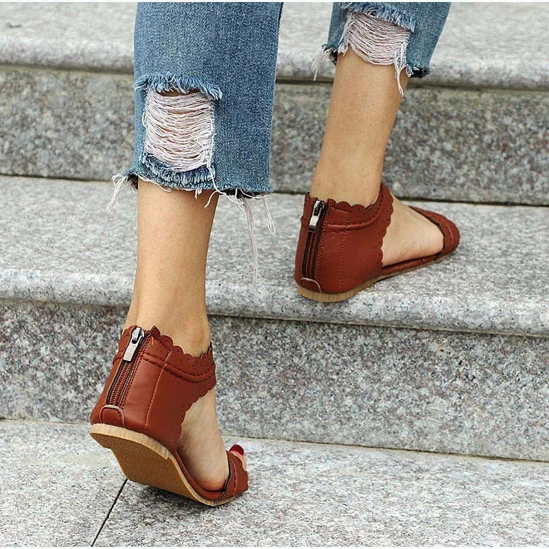Ladies sandals with artificial PU upper and beef tendon sole, shown in black, brown, purple, and reddish brown colours, sizes 34-43