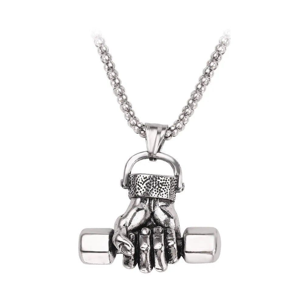 Silver gym dumbbell pendant on snake bone chain necklace unisex alloy electroplated finish