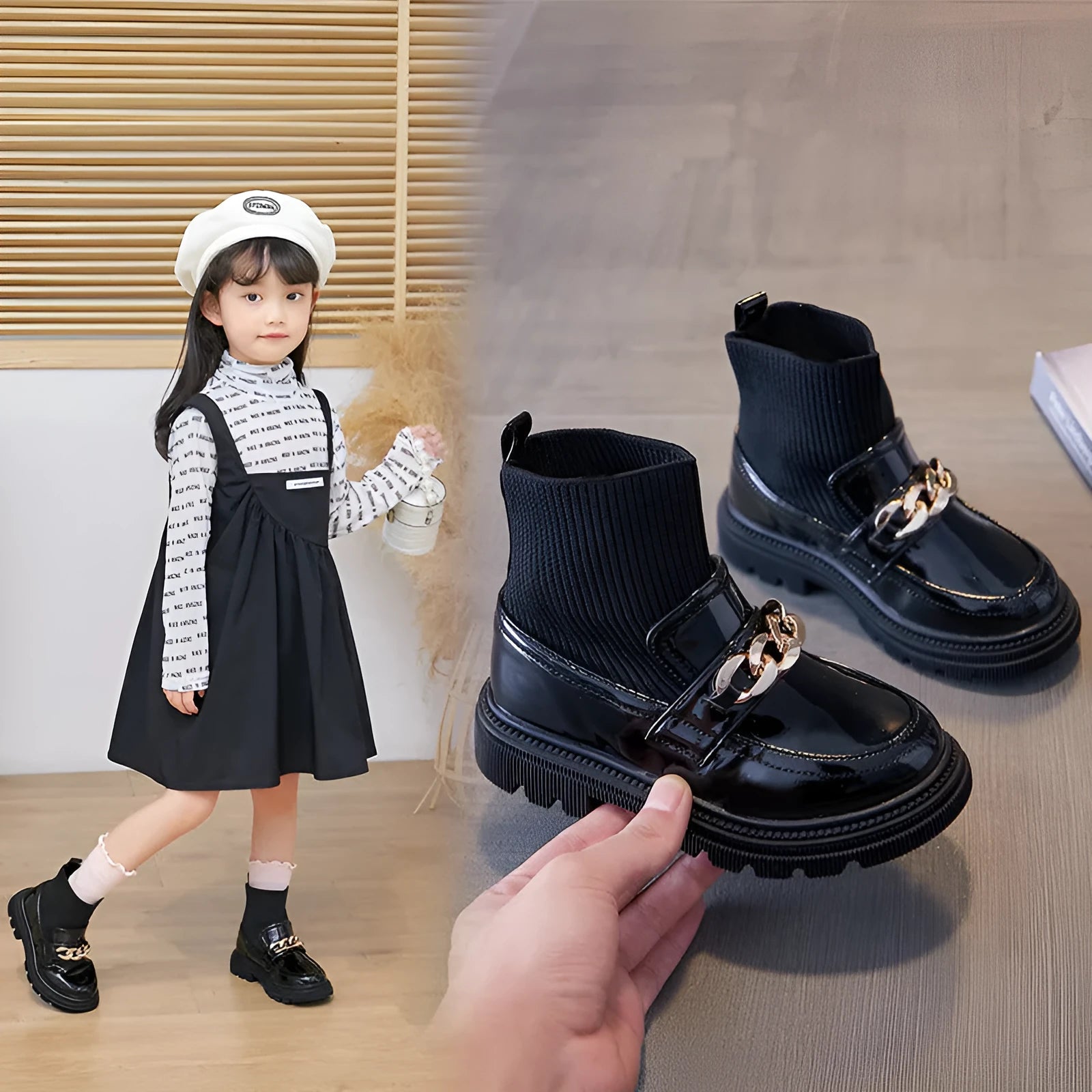 Children's knitted breathable elastic short boots sneakers in black with synthetic leather upper and rubber sole