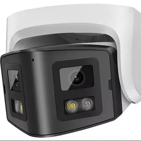 4MP dual-lens IP66 waterproof security camera with compact design for POE network installation.