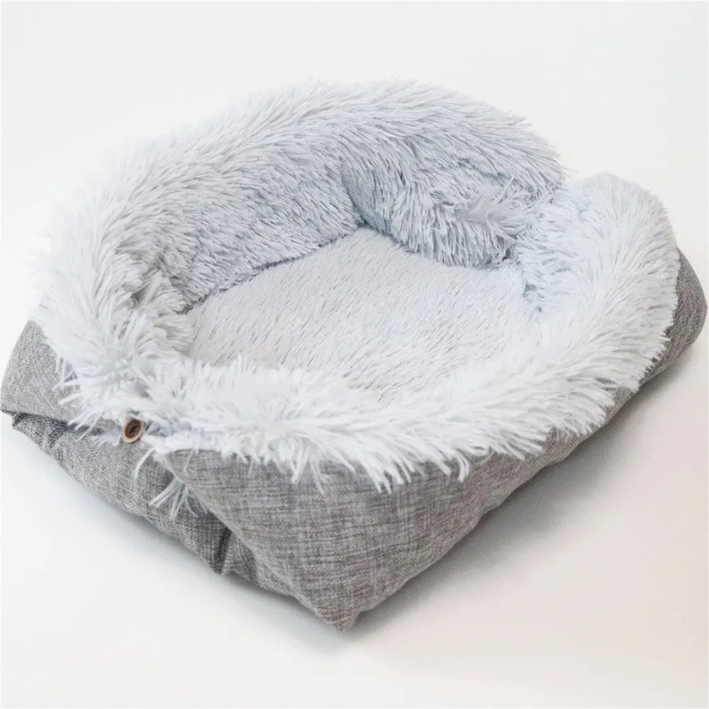 Grey white 2 in 1 pet mattress nest folded into a cosy bed with soft filling, 61x51cm size