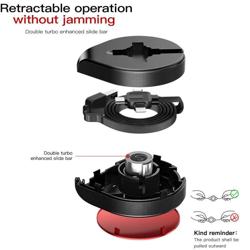 Telescopic three-in-one fast charging data cable extended to 1 metre length with retractable mechanism