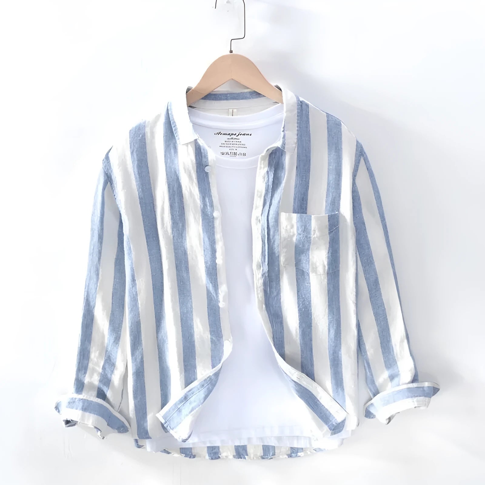 Men's loose fit Hong Kong style long sleeve shirt in blue lightweight polyester fabric