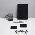 A5 black PU cover notebook set with envelope and MIDOT neutral pen on white background