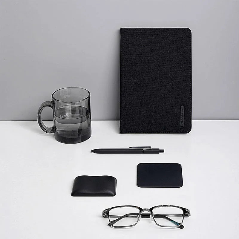 A5 black PU cover notebook set with envelope and MIDOT neutral pen on white background