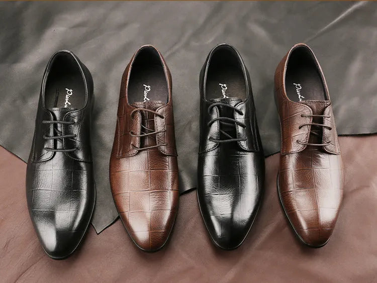 Men's black checkered leather derby shoes with a pointed toe and rubber sole.
