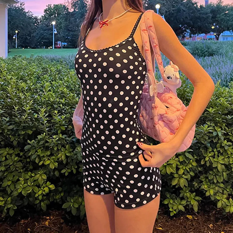 Polka dot suspender shorts suit for women black contrast colour sleeveless top and shorts polyester milk silk fabric size S M L