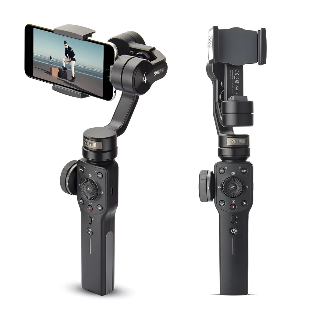 Black handheld smartphone gimbal stabiliser for video filming on a dark background.