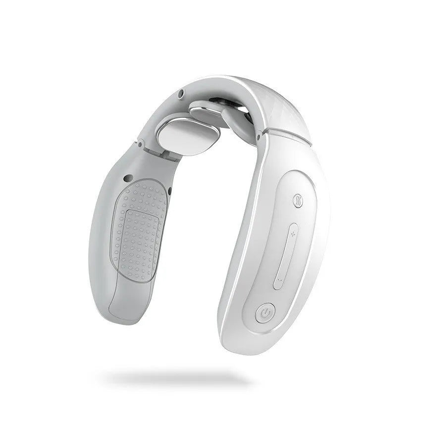 Intelligent cervical massager in red or white with battery power and multiple massage techniques