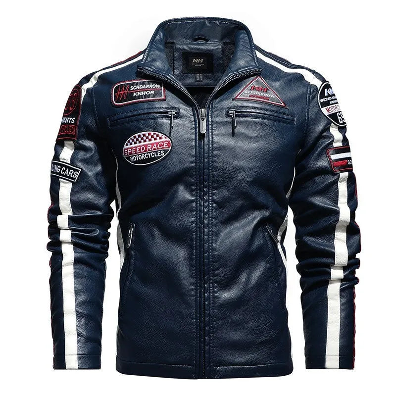 Men's PU leather embroidered slim-fit jacket with stand-up collar and zipper front in black