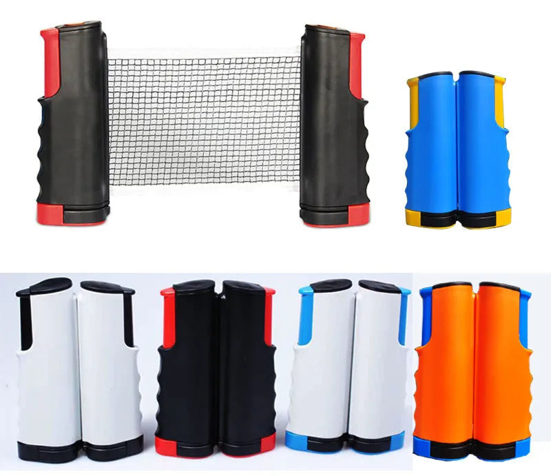 Portable table tennis racket set with two paddles, retractable net, four balls, and carry bag