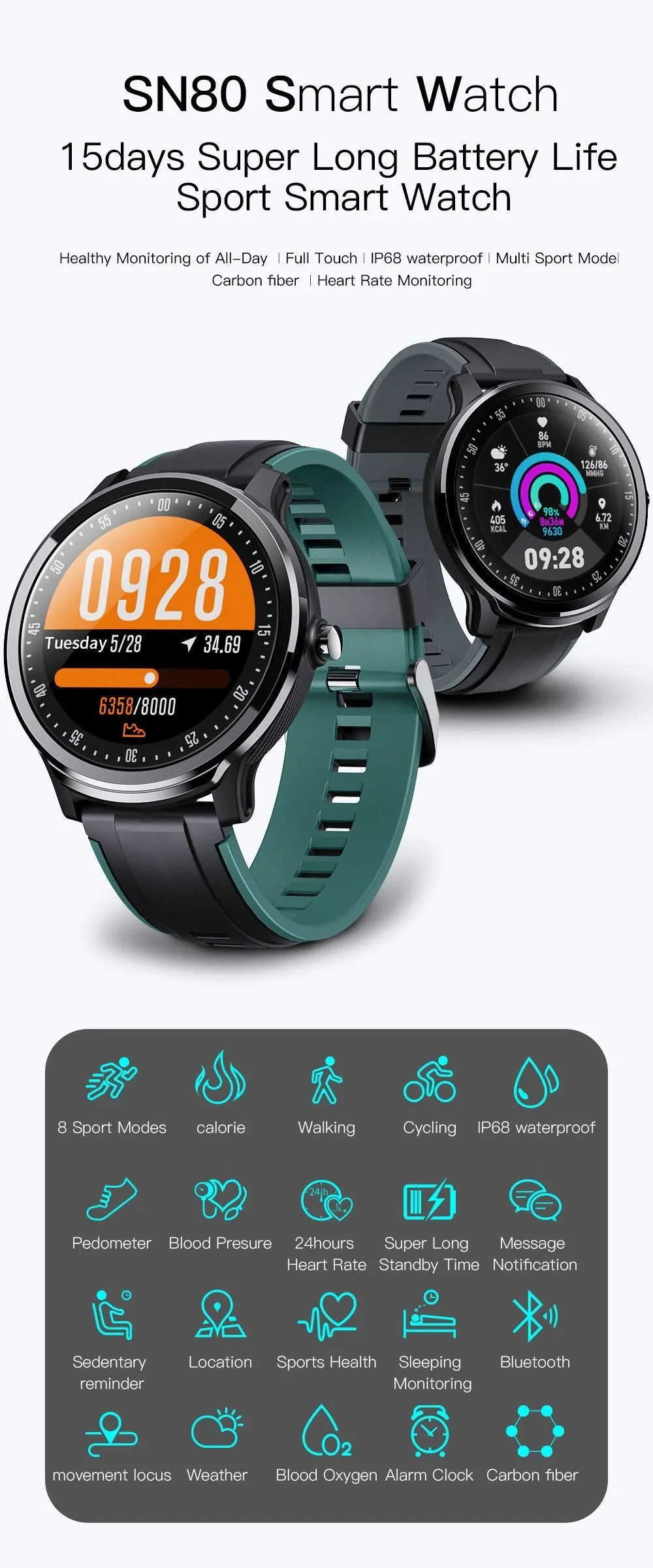 SN80 smart watch with metal body and silicone strap displaying heart rate on 1.3-inch touchscreen