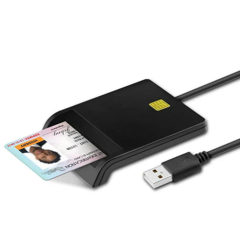DM-HC65 USB Smart Card Reader in black ABS casing, front view with USB cable and card slot