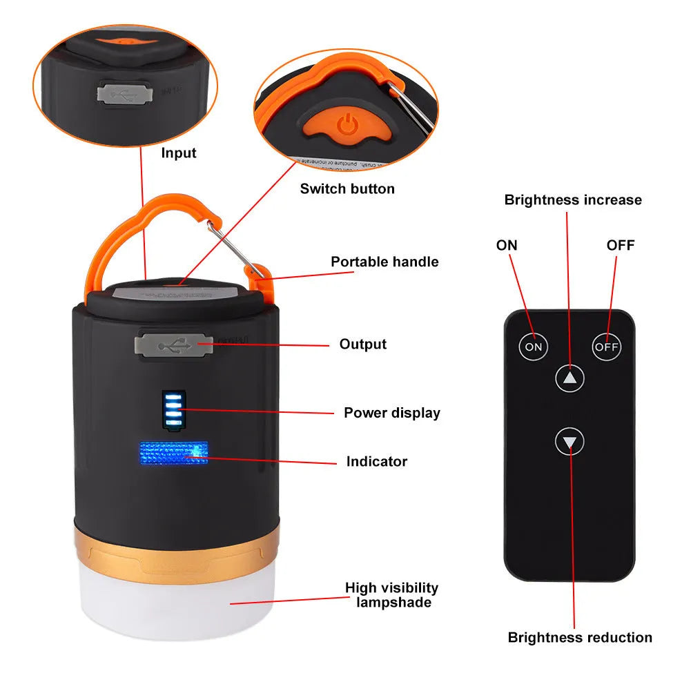 Black rechargeable LED camping light with remote control, hanging hook, and magnet, IPX6 waterproof