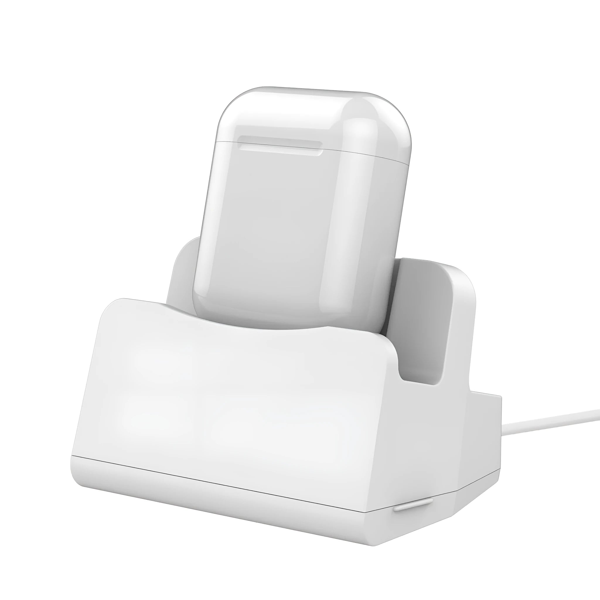 White plastic headphone charging base for wireless earbuds on desk