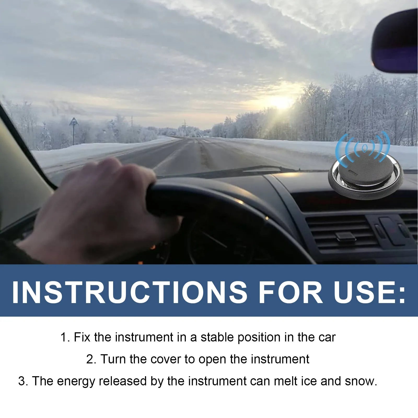 Black portable car deicing instrument for melting ice and snow on vehicle windscreens.