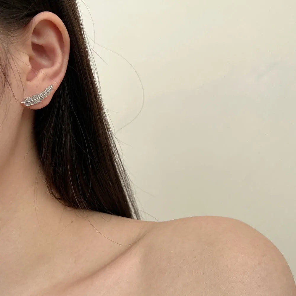 Leaf-shaped zircon inlaid S925 sterling silver stud earrings in gold colour for women