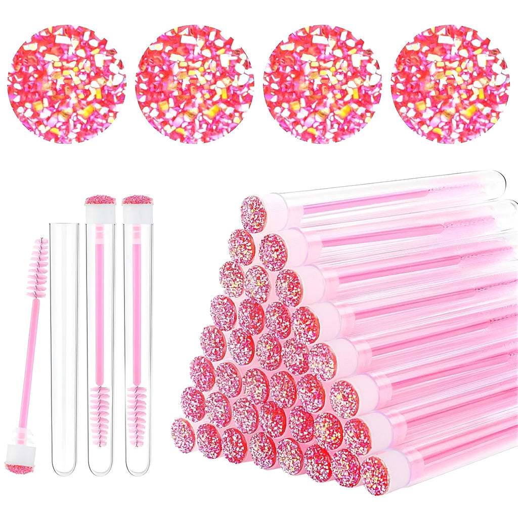 Disposable mascara brushes in transparent storage tubes for eyelash extensions and makeup.