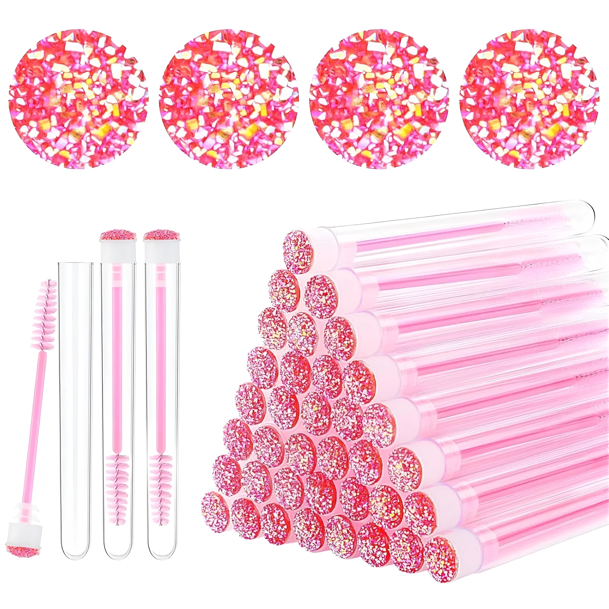 Disposable mascara brushes in transparent storage tubes for eyelash extensions and makeup.