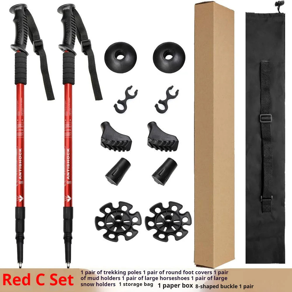 Aluminium alloy adjustable trekking pole extended to full length with mud support accessory attached