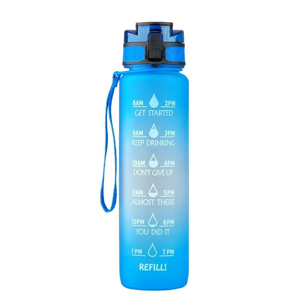 Transparent 1000ml sports water bottle with fruit infuser showing BPA-free Tritan construction