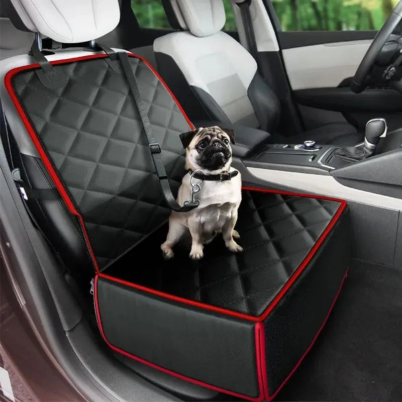 Large black dog car front seat pad with non-slip base on a car seat