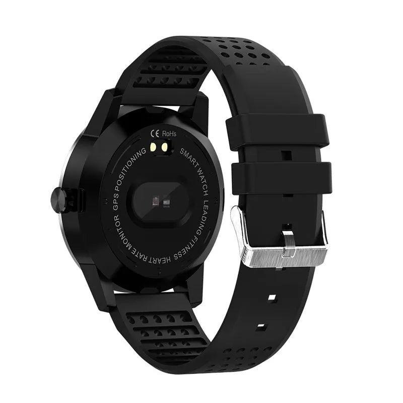 Black and blue smart bracelet with a 1.3-inch colour screen displaying heart rate and step data.