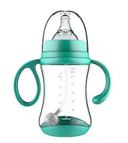 Baby feeding bottle made of BPA-free PP plastic with double handles, wide calibre, in pink or blue