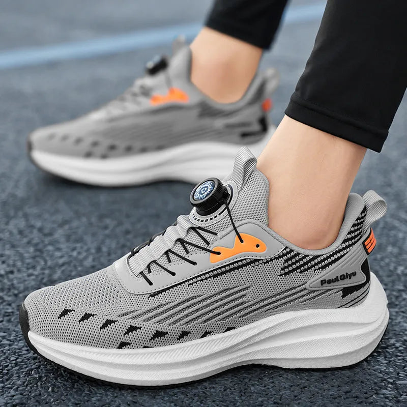 Men's white green and grey Fly-kit mesh sports shoes with rotating buckle closure and lace-up front
