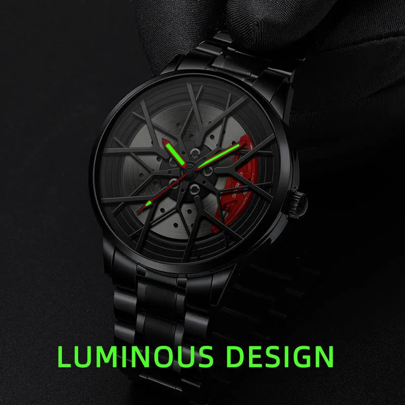 Waterproof men's luminous wheel watch with 43mm dial and black strap on wrist